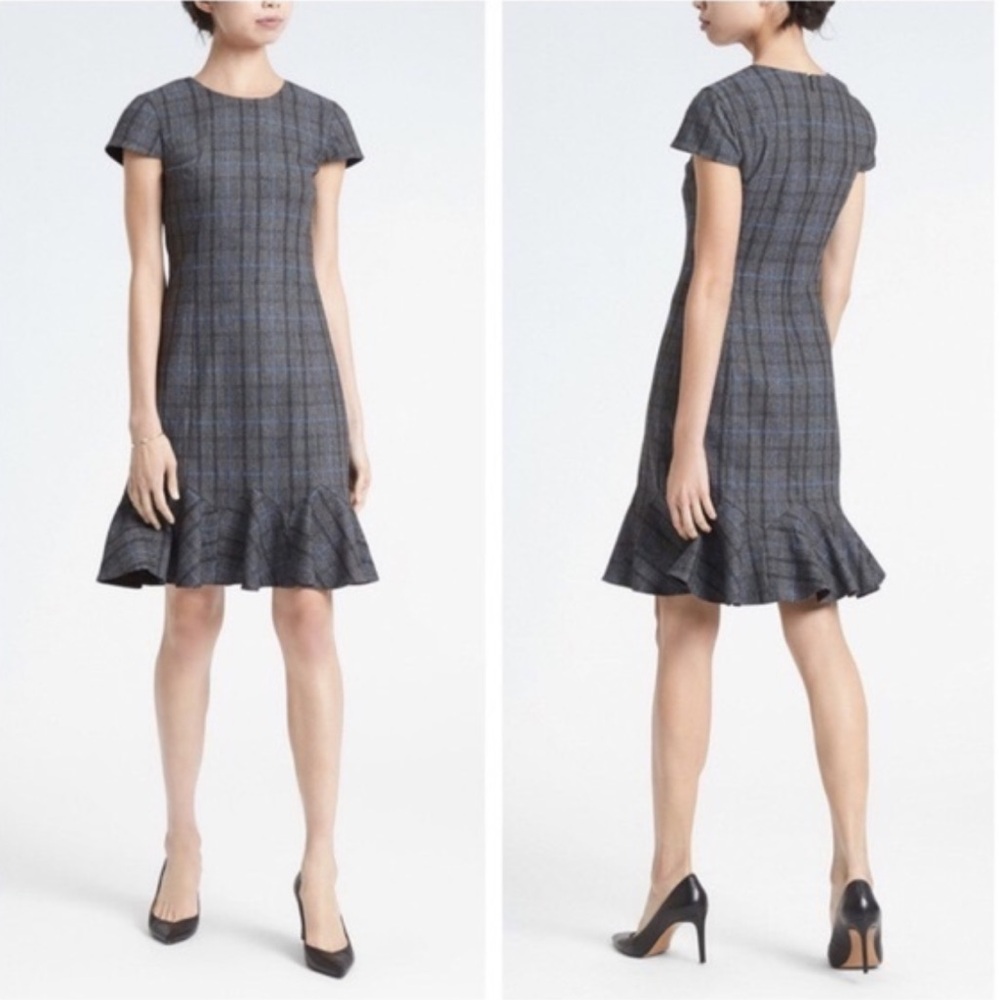 BANANA REPUBLIC plaid ruffle hem dress cap sleeve career office academia NWT Sz2